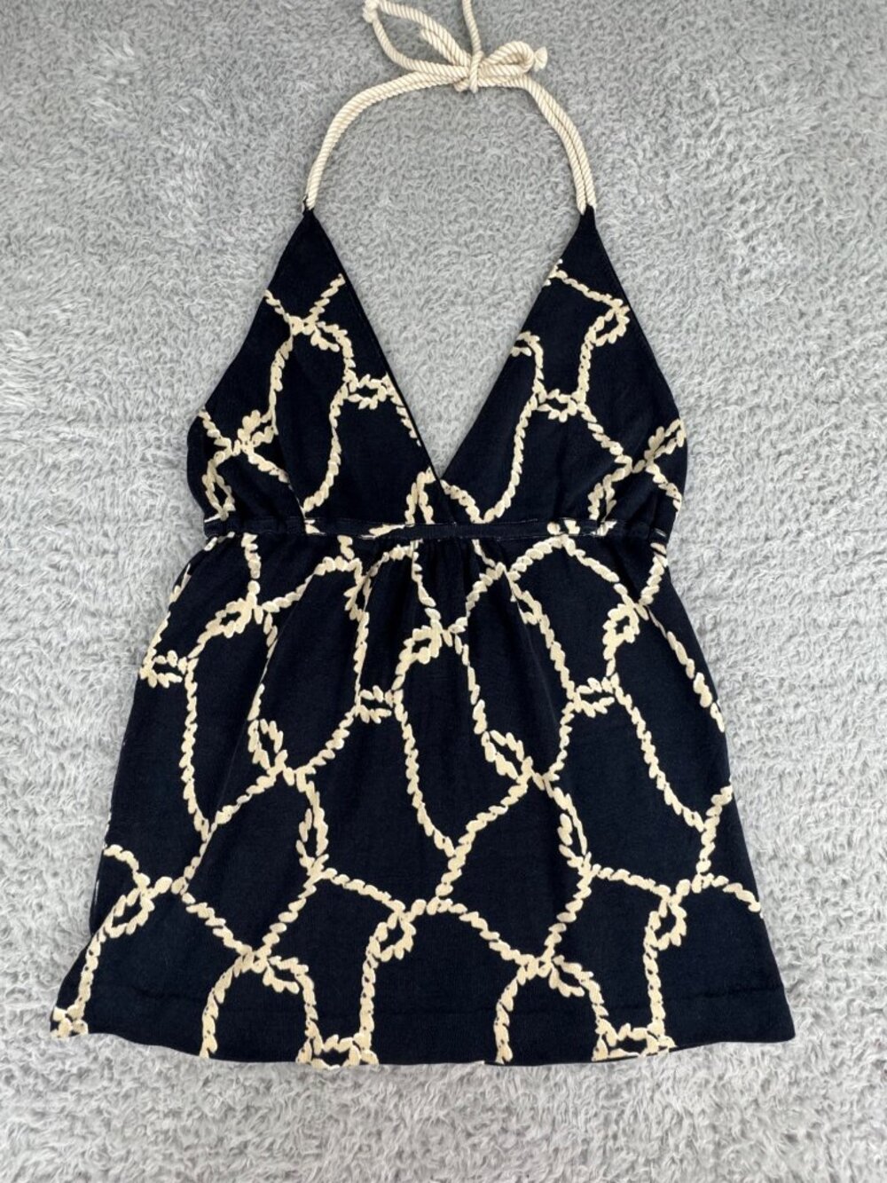 J.Crew Navy & Beige Rope Print Halter Top With Deep V-Neckline Comfort Travel - Picture 7 of 16
